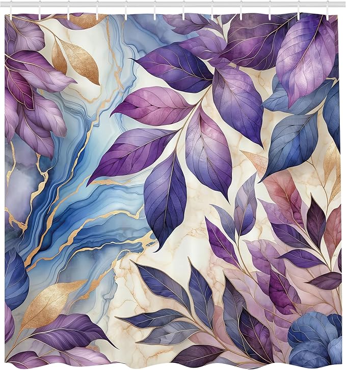 Ambesonne Purple Shower Curtain, Leaves Dancing in The Wind Art on a Marble Print Background in Warm Tones, Cloth Fabric Bathroom Decor Set with Hooks, 69" W x 75" L, Quartz Lilac Mauve