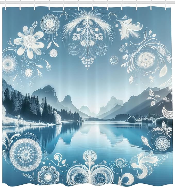 Ambesonne Lake Shower Curtain, Panoramic Nature View Mountains Woodland Folkloric Floral Wreath Ornaments, Cloth Fabric Bathroom Decor Set with Hooks, 69" W x 70" L, Slate Blue Sky Blue