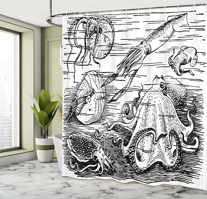 Ambesonne Octopus Shower Curtain, Marine Wildlife Print Animals with Tentacles Octopus Squid Shrimp Ocean Nature, Cloth Fabric Bathroom Decor Set with Hooks, 69" W x 70" L, Black White