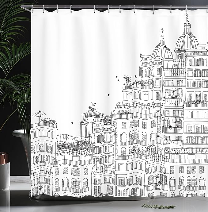 Ambesonne European Shower Curtain, Hand Drawn Italian Town Buildings Cityscape Famous Urban Houses Design, Cloth Fabric Bathroom Decor Set with Hooks, 69" W x 75" L, Grey Black