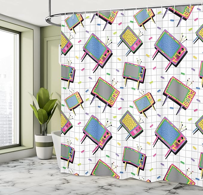 Ambesonne Vintage Shower Curtain, Funny Retro 80s Memphis Neon Color TV with Background Cartoon Style Vintage Design, Cloth Fabric Bathroom Decor Set with Hooks, 69" W x 70" L, Grey Aqua