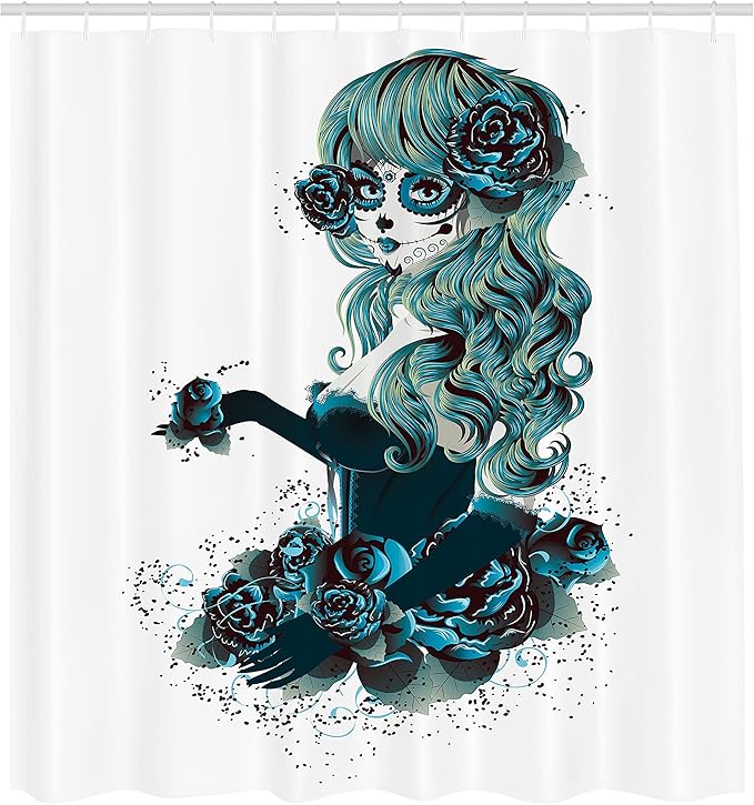 Ambesonne Skull Shower Curtain, Vintage Sugar Shape Girl Day of The Dead Bride Dark Color Roses Graphic, Cloth Fabric Bathroom Decor Set with Hooks, 69" W x 75" L, Petrol Blue White