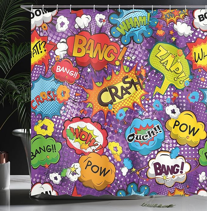 Ambesonne Retro Shower Curtain, Comic Book Style Speech Bubbles Effects Humorous Fun Pop Art Contemporary Design, Cloth Fabric Bathroom Decor Set with Hooks, 69" W x 75" L, Purple Orange