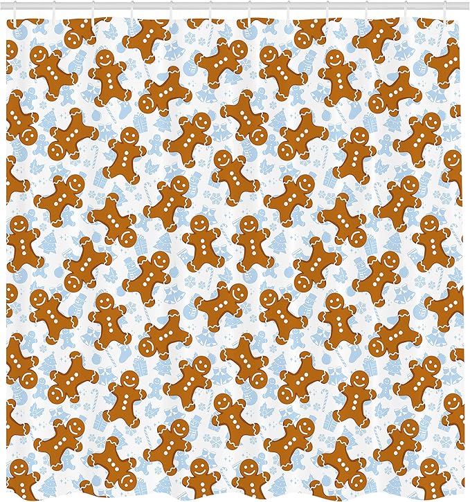 Ambesonne Gingerbread Man Shower Curtain, Traditional Christmas Cookie Pattern Tile, Cloth Fabric Bathroom Decor Set with Hooks, 69" W x 70" L, Light Caramel