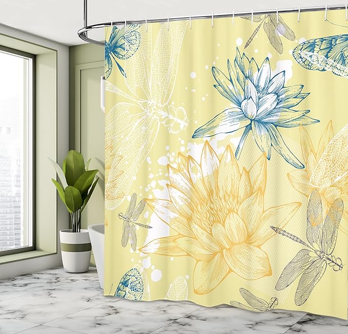 Ambesonne Dragonfly Shower Curtain, Boho Style Plants and Dragonflies Sketchy Illustration, Cloth Fabric Bathroom Decor Set with Hooks, 69" W x 84" L, Petrol Blue