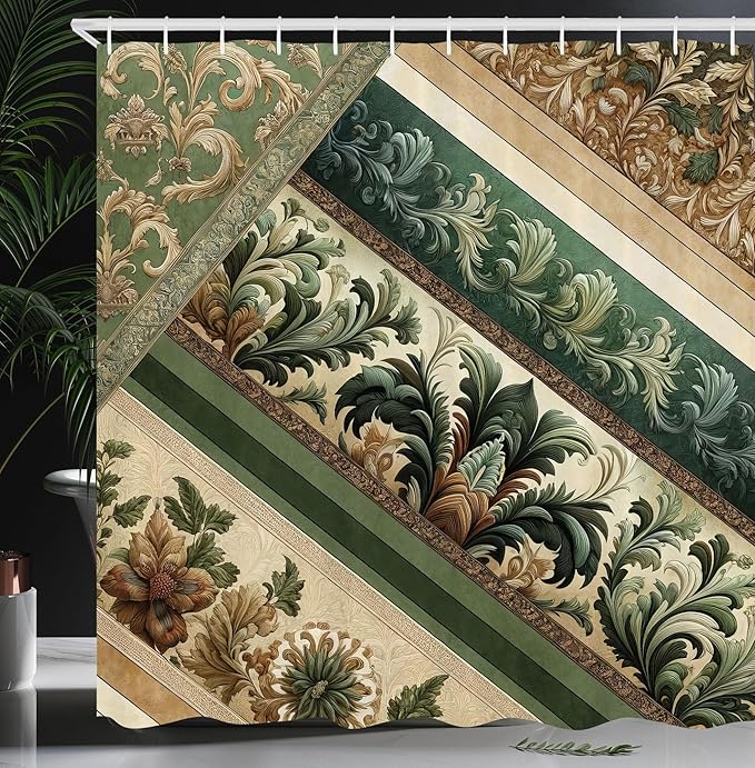 Ambesonne Damask Shower Curtain, Renaissance Style Floral and Botanical Swirly Art Curlicue Leaves Vintage, Cloth Fabric Bathroom Decor Set with Hooks, 69" W x 84" L, Green Pastel Brown