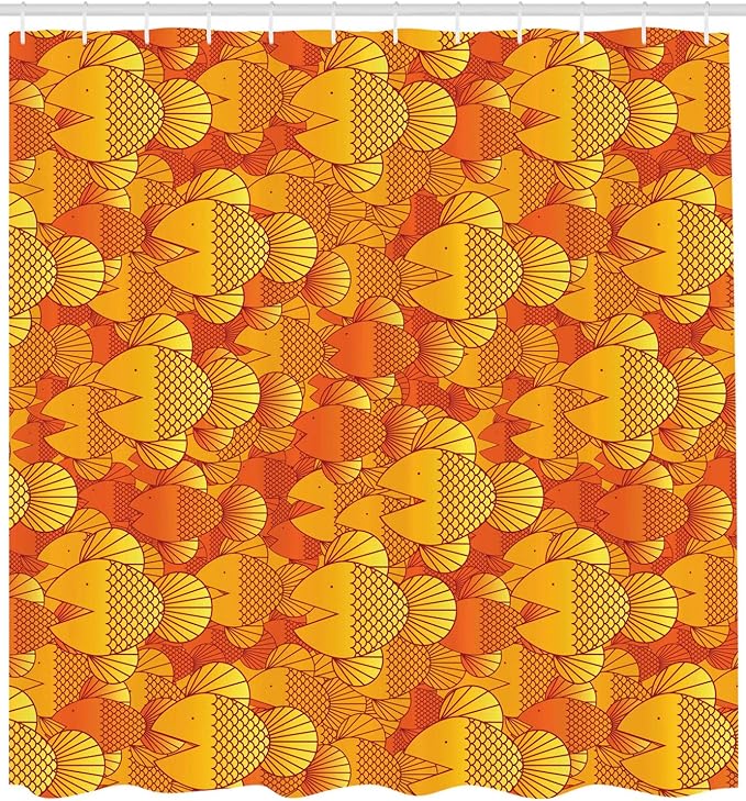 Ambesonne Burnt Orange Shower Curtain, Contemporary Tangerine Colored Illustration Group of Swimming Goldfish Random Retro Style, Cloth Fabric Bathroom Set with Hooks, 69" W x 75" L, Orange Yellow