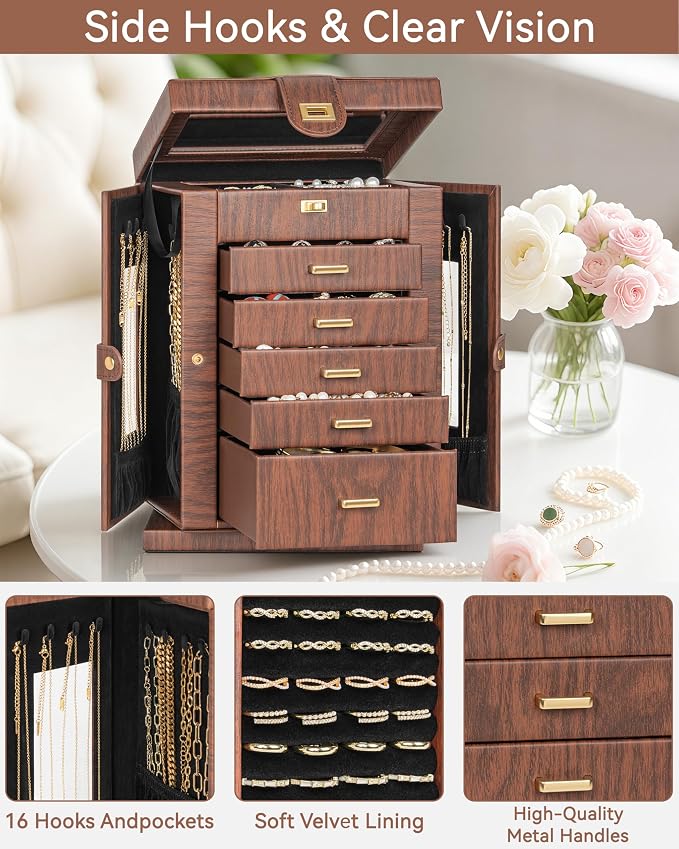 AKOZLIN 6-Tier Jewelry Box Organizer Functional 5 Drawers Leather Jewelry Storage Case for Women Girls Ring Necklace Earring Bracelet Holder Organizer with Mirror Red 360° Rotating