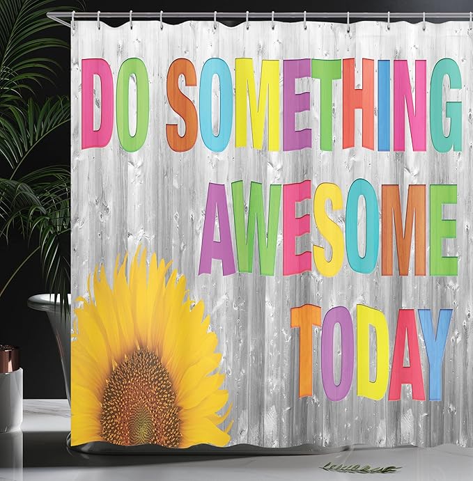 Ambesonne Saying Shower Curtain, Do Something Today Sunflower on Wooden Wall Planks Penal Colorful Letters, Cloth Fabric Bathroom Decor Set with Hooks, 69" W x 84" L, Pink Green
