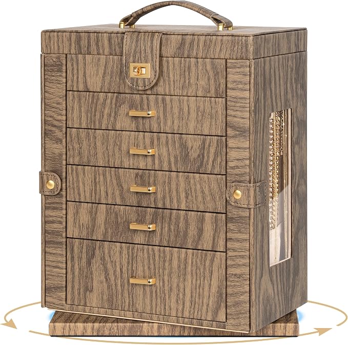 AKOZLIN 6-Tier Jewelry Box Organizer Functional 5 Drawers Leather Jewelry Storage Case for Women Girls Ring Necklace Earring Bracelet Holder Organizer with Mirror XL Wood Grain 360° Rotating