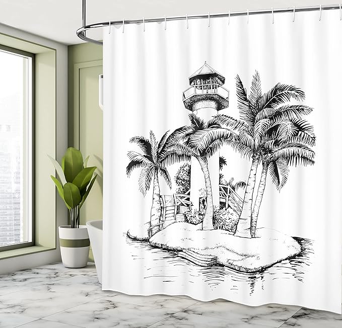 Ambesonne Tropical Shower Curtain, Lighthouse on The Island Surrounded with The Palm Trees an Exotic Landscape Sketchy Artwork, Fabric Bathroom Decor Set with Hooks, 69" W x 75" L, Black and White