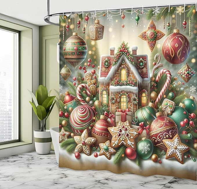Ambesonne Christmas Shower Curtain, Gingerbread House with Jumble Xmas Ornaments with Snowy Details, Cloth Fabric Bathroom Decor Set with Hooks, 69" W x 75" L, Green Brown and Dark Pink