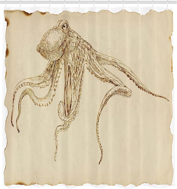 Ambesonne Octopus Shower Curtain, Octopus Illustration Sketch Style with Large Tentacles Vintage Art Print Marine, Cloth Fabric Bathroom Decor Set with Hooks, 69" W x 75" L, Ecru Brown