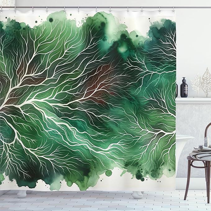 Ambesonne Dark Green Shower Curtain, Exotic Vibe of Ebru Ramifications on Aquarelle Paint Stained Style Art, Cloth Fabric Bathroom Decor Set with Hooks, 69" W x 70" L, Fern Green Off White