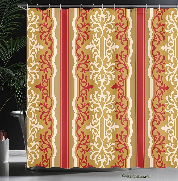 Ambesonne Orient Shower Curtain, Exotic Swirl Floral Ornament Branches Motif Orient Art Illustration, Cloth Fabric Bathroom Decor Set with Hooks, 69" W x 70" L, Pale Coffee Cream and Ruby