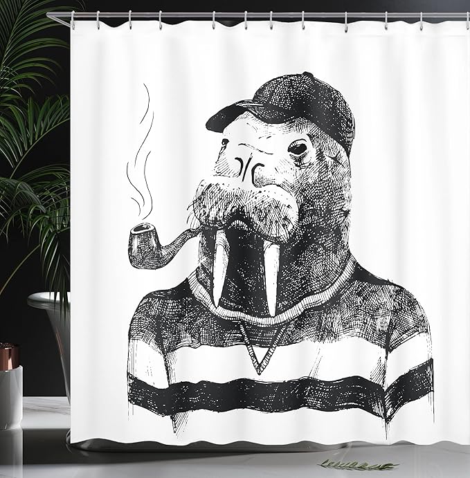 Ambesonne Indie Shower Curtain, Hand Drawn Dressed up Walrus Animal Long Teeth Smoking Antromorphic Sketch Art, Cloth Fabric Bathroom Decor Set with Hooks, 69" W x 70" L, White Black