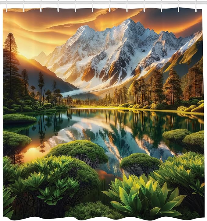 Ambesonne Lake Shower Curtain, Nature Morning Scenery Snowy Mountain Peaks Forest Bushes Water Reflections, Cloth Fabric Bathroom Decor Set with Hooks, 69" W x 70" L, Peach Green and Fawn