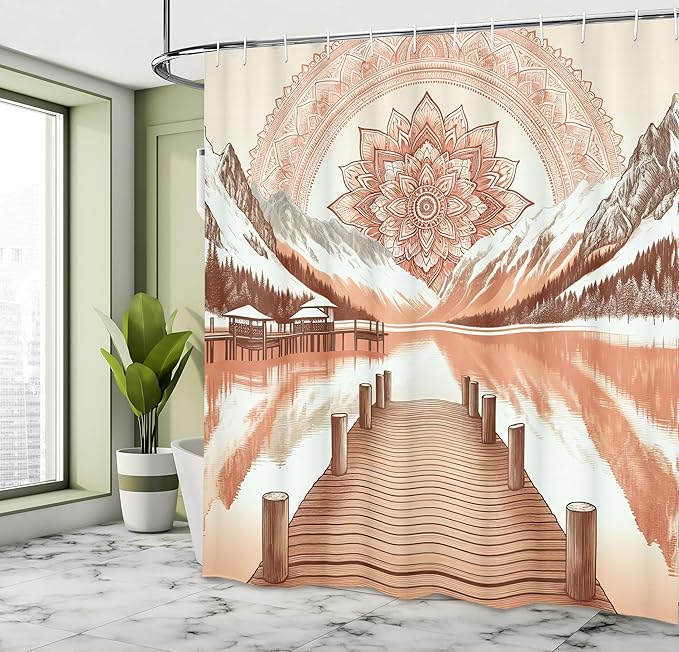 Ambesonne Lake Shower Curtain, Mountains Wooden Pier and Eastern Cultural Mandala in Peachy Colors, Cloth Fabric Bathroom Decor Set with Hooks, 69" W x 75" L, Salmon Redwood and Dark Rust