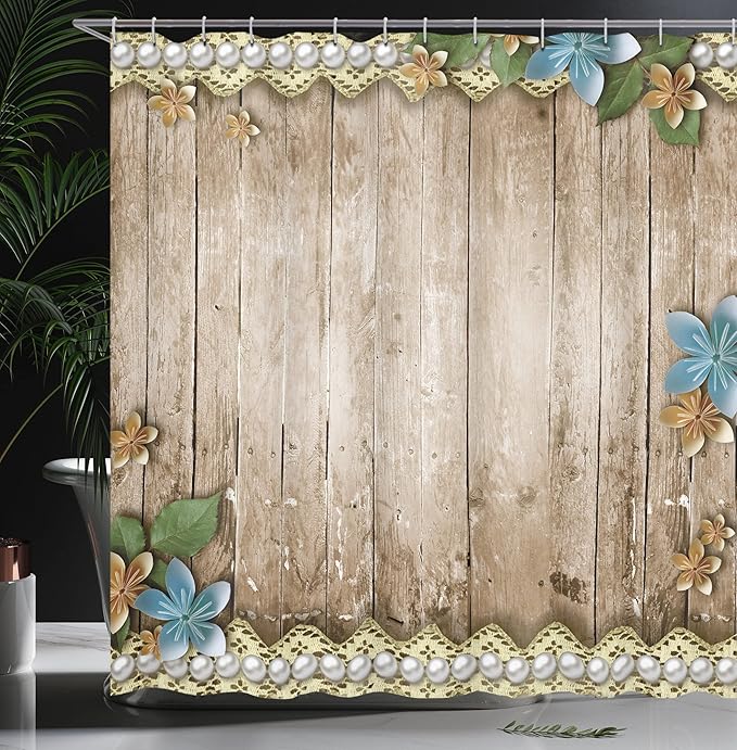 Ambesonne Pearls Shower Curtain, Rustic Wooden Planks Backdrop Flowers Pearls Lace Old Vintage Style Image Print, Cloth Fabric Bathroom Decor Set with Hooks, 69" W x 70" L, Beige Blue