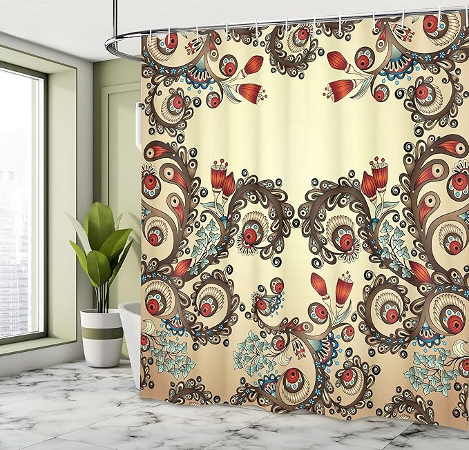 Ambesonne Floral Shower Curtain, Traditional Flower Motif East Culture Inspired Ivy Swirls Sprout, Cloth Fabric Bathroom Decor Set with Hooks, 69" W x 70" L, Brown Black