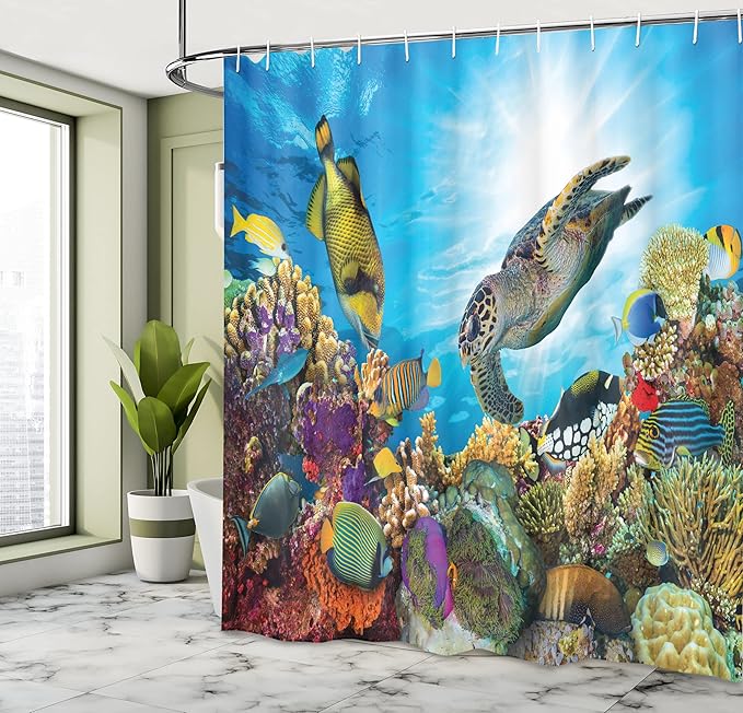 Ambesonne Ocean Shower Curtain, Colorful Fishes Hawksbill Floats Under Water Coral Reefs Aquatic Environment Theme, Cloth Fabric Bathroom Decor Set with Hooks, 69" W x 70" L, Sea Blue