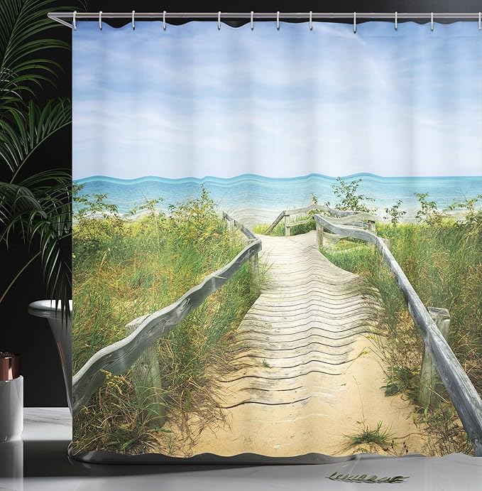 Ambesonne Seaside Shower Curtain, Boardwalk Over Dunes at Beach Pinery Provincial Park Ontario Canada, Cloth Fabric Bathroom Decor Set with Hooks, 69" W x 70" L, Brown Fern