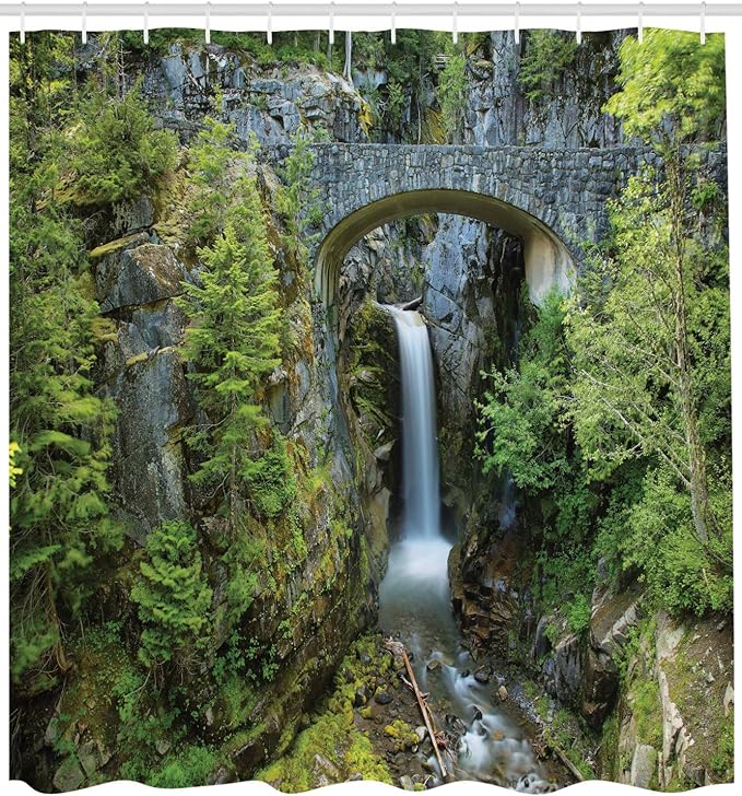 Ambesonne Mt Rainier Shower Curtain, Scenery Photo Christine Falls in Mount Rainier National Park America Picturesque, Cloth Fabric Bathroom Decor Set with Hooks, 69" W x 84" L, Sepia Green