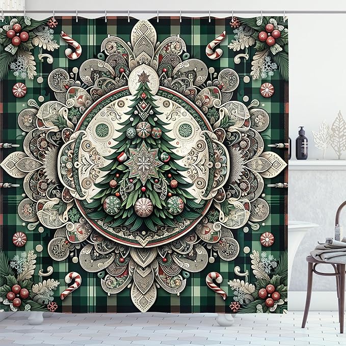 Ambesonne Christmas Shower Curtain, Candies Plaided Background Mandala Ornate and Xmas Tree Illustration, Cloth Fabric Bathroom Decor Set with Hooks, 69" W x 75" L, Hunter Green Grey Coral