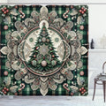 Ambesonne Christmas Shower Curtain, Candies Plaided Background Mandala Ornate and Xmas Tree Illustration, Cloth Fabric Bathroom Decor Set with Hooks, 69" W x 84" L, Hunter Green Grey Coral