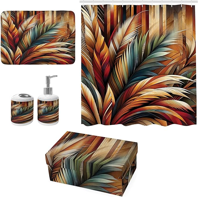 Ambesonne Aesthetic Bathroom Decor Set 4 Pcs Including Shower Curtain with Hooks Bath Mat Soap Dispenser Toothbrush Holder in Box Essentials & Accessories, Boho Rustic Leaves, Burnt Orange Teal Blue