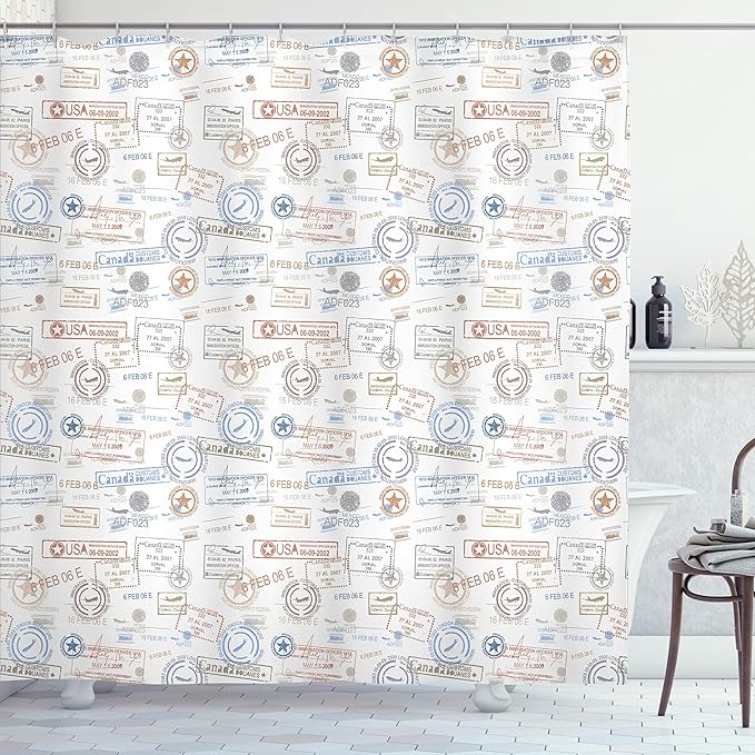 Ambesonne Travel Shower Curtain, Vintage Old Rubber Stamps Tourist Passport Visa Certificate Vacation Holiday Theme, Cloth Fabric Bathroom Decor Set with Hooks, 69" W x 84" L, Warm Taupe Blue