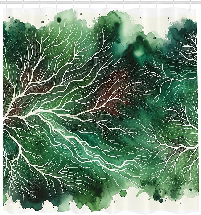 Ambesonne Dark Green Shower Curtain, Exotic Vibe of Ebru Ramifications on Aquarelle Paint Stained Style Art, Cloth Fabric Bathroom Decor Set with Hooks, 69" W x 70" L, Fern Green Off White
