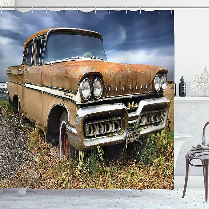 Ambesonne Manly Shower Curtain, Picturesque Rural Landscape Old Fashioned Rusty Abandoned Car Countryside, Cloth Fabric Bathroom Decor Set with Hooks, 69" W x 75" L, Night Blue Umber Tan