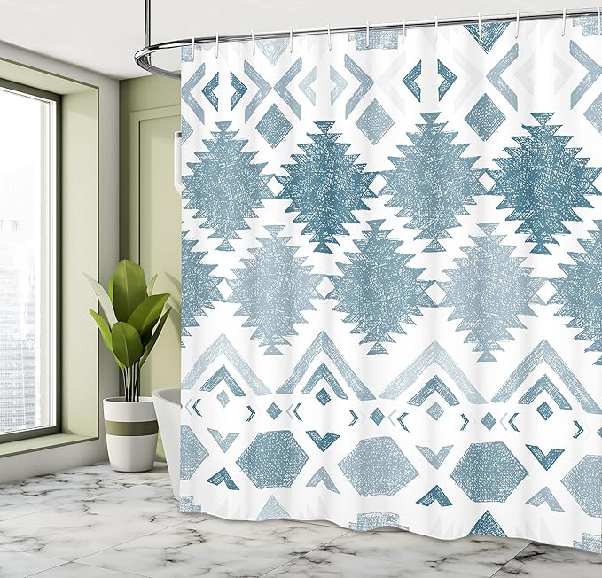 Ambesonne Tribal Shower Curtain, Retro Grunge Maya Latin Mexican Animistic Motifs Hippie Arrows Image, Cloth Fabric Bathroom Decor Set with Hooks, 69" W x 84" L, Blue Pale Grey