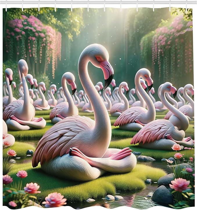 Ambesonne Flamingo Shower Curtain, Serene Birds Surreal and Peaceful Nature Scenery Forest and Lake, Cloth Fabric Bathroom Decor Set with Hooks, 69" W x 70" L, Soft Pink and Lime Green