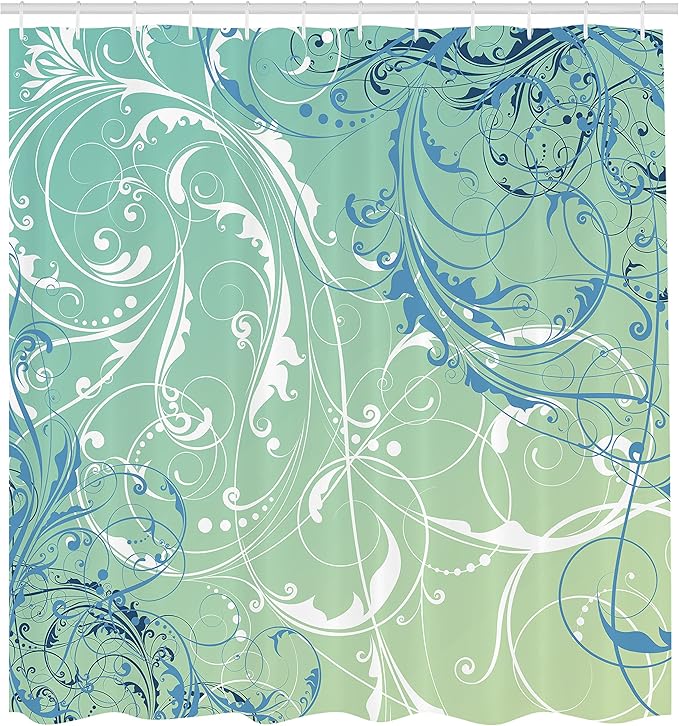 Ambesonne Floral Shower Curtain, Baroque Swirl Branches Curved Flower Leaves Shabby Form Nature Pattern, Cloth Fabric Bathroom Decor Set with Hooks, 69" W x 84" L, Fern Green