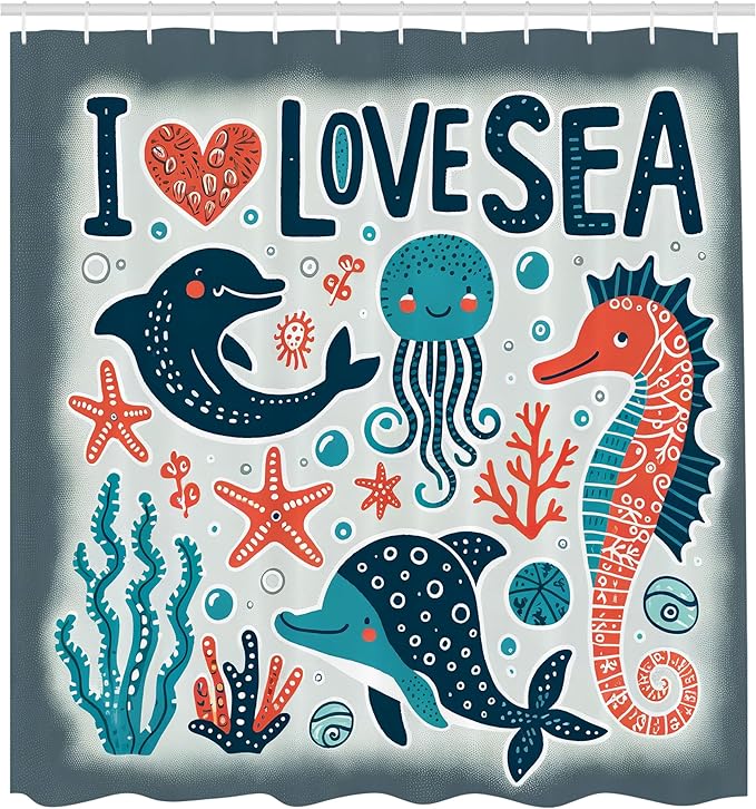 Ambesonne Nautical Shower Curtain, I Love Sea Lettering Happy Ocean Scenario Seahorse Dolphin Jellyfish Funny, Cloth Fabric Bathroom Decor Set with Hooks, 69" W x 84" L, Blue Coral Coconut
