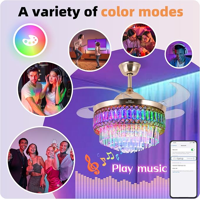Retractable Crystal Ceiling Fan with Lights and Remote/APP Control, Bluetooth Ceiling Fan with Speaker, 6-Speed Reversible Blades, RGB Light, Invisible Fandelier for Bedroom Dinning Room 42"