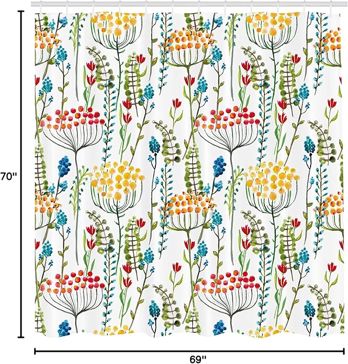Ambesonne Floral Shower Curtain, Hand Drawn Doodle Style Flowers Blossoms in Watercolors Natural Botanical Garden Art, Cloth Fabric Bathroom Decor Set with Hooks, 69" W x 70" L, Magenta Yellow