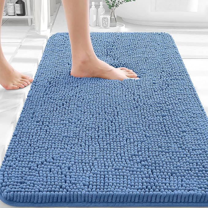OLANLY Bathroom Rugs 32x20, Extra Soft Absorbent Chenille Bath Rugs, Rubber Backing Quick Dry, Machine Washable Bath Mats for Bathroom Floor, Tub and Shower, Home Decor Accessories, Cornflower Blue