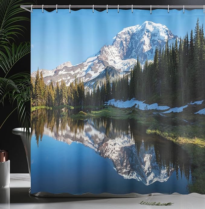 Ambesonne Mt Rainier Shower Curtain, Mount Rainier National Park Trees Snow Tranquil Lake Symmetric Reflection Image, Cloth Fabric Bathroom Decor Set with Hooks, 69" W x 70" L, Sky Blue Evergreen