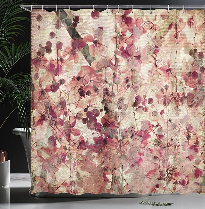 Ambesonne Antique Shower Curtain, Grungy Effect Cherry Blossoms on Retro Background Floral Art Work Nostalgia, Cloth Fabric Bathroom Decor Set with Hooks, 69" W x 70" L, Beige and Pink