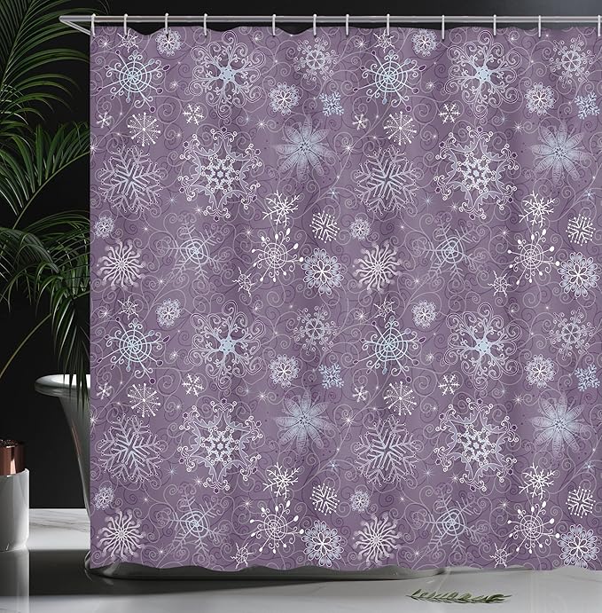 Ambesonne Eggplant Shower Curtain, Christmas Inspired Flowers Snowflakes and Swirls in a Violet Delicate Environment, Cloth Fabric Bathroom Decor Set with Hooks, 69" W x 70" L, Violet