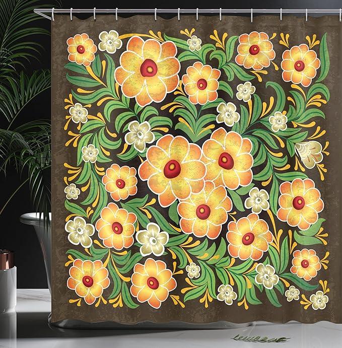 Ambesonne Antique Shower Curtain, Spring Flowers Blooms Leaves Pattern Floral Antique Nature Theme Art Print, Cloth Fabric Bathroom Decor Set with Hooks, 69" W x 70" L, Brown Yellow Green