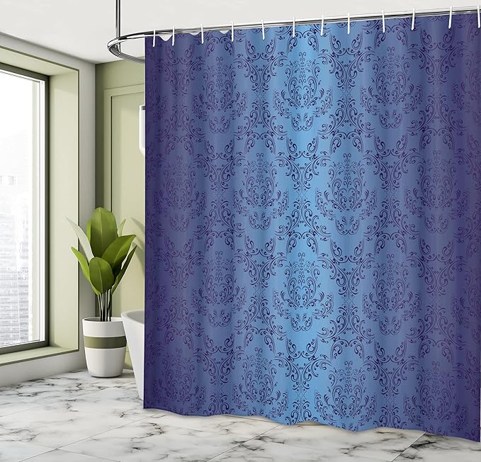 Ambesonne Navy Blue Shower Curtain, Antique Baroque Floral Swirling Patterns Victorian Vintage Retro Style, Cloth Fabric Bathroom Decor Set with Hooks, 69" W x 70" L, Dark Blue