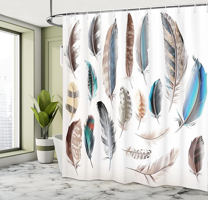 Ambesonne Feathers Shower Curtain, Western Feather Setting Pigmented Bird Body Parts Growth Nature Design, Cloth Fabric Bathroom Decor Set with Hooks, 69" W x 70" L, White Soft Blue Ecru