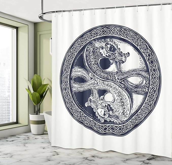 Ambesonne Celtic Dragon Shower Curtain, Mystic Yin Yang Creatures in Round Frame, Cloth Fabric Bathroom Decor Set with Hooks, 69" W x 70" L, Violet Blue Off White