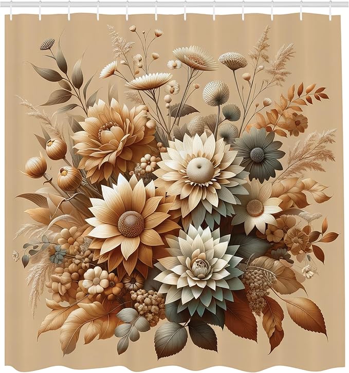 Ambesonne Tan Shower Curtain, Modern Autumn Tones Blooming Peony Flower Huddle with Leaves Earthy Romance, Cloth Fabric Bathroom Decor Set with Hooks, 69" W x 84" L, Almond Dark Sea Green
