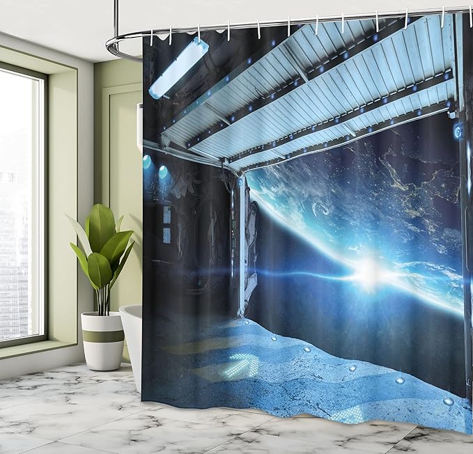 Ambesonne Outer Space Shower Curtain, Interstellar Airlock Shuttle Runway Journey to The Stars Invasion View Sci-Fi, Cloth Fabric Bathroom Decor Set with Hooks, 69" W x 84" L, Grey Blue