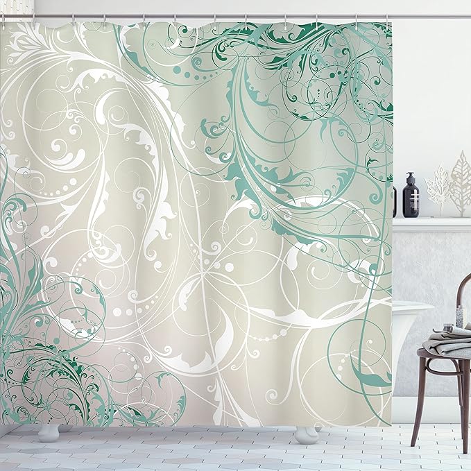 Ambesonne Floral Shower Curtain, Baroque Swirl Branches Curved Flower Leaves Shabby Form Nature Pattern, Cloth Fabric Bathroom Decor Set with Hooks, 69" W x 70" L, Coconut Seafoam